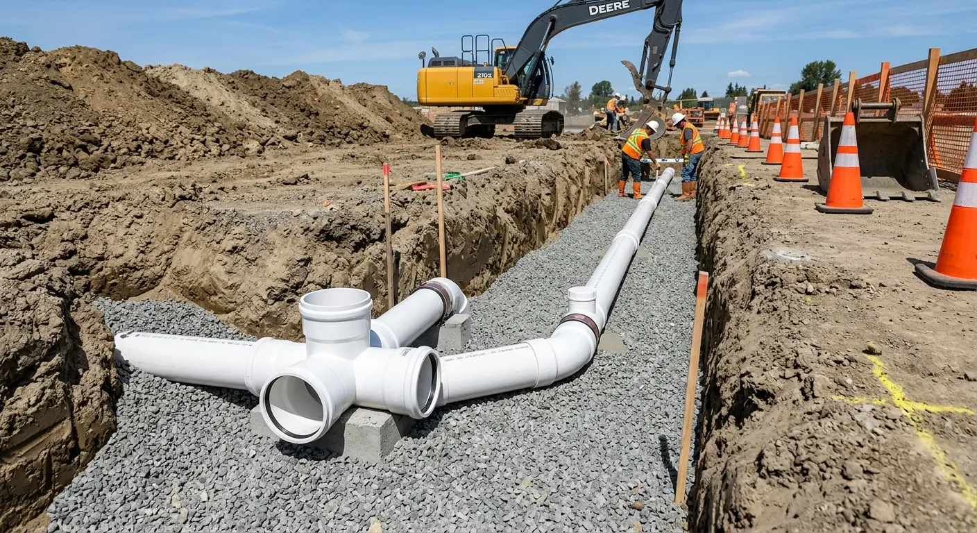 New PVC sewer pipe installation in open trench for Sewer Backup in Seaside