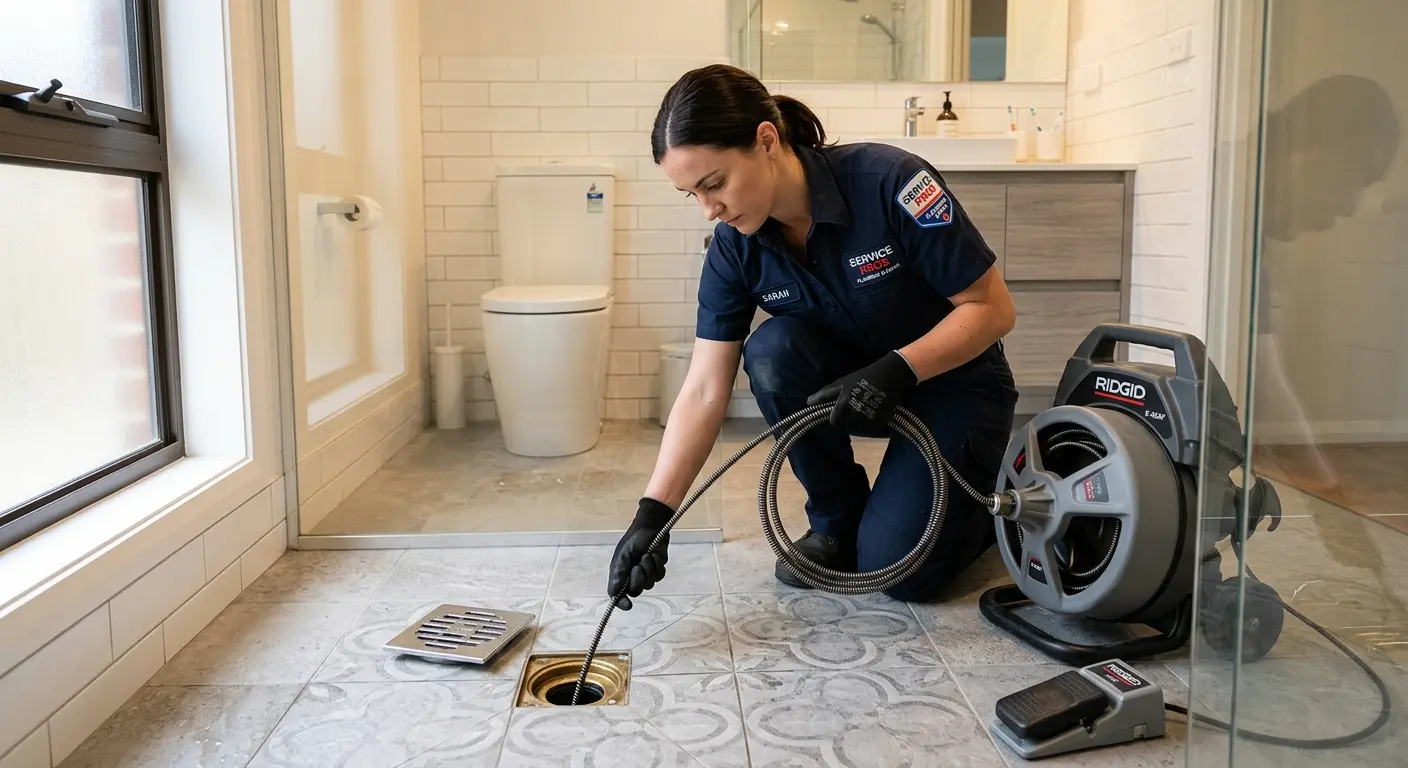 Technician clearing a bathroom floor drain for Hydro Jetting in Seaside